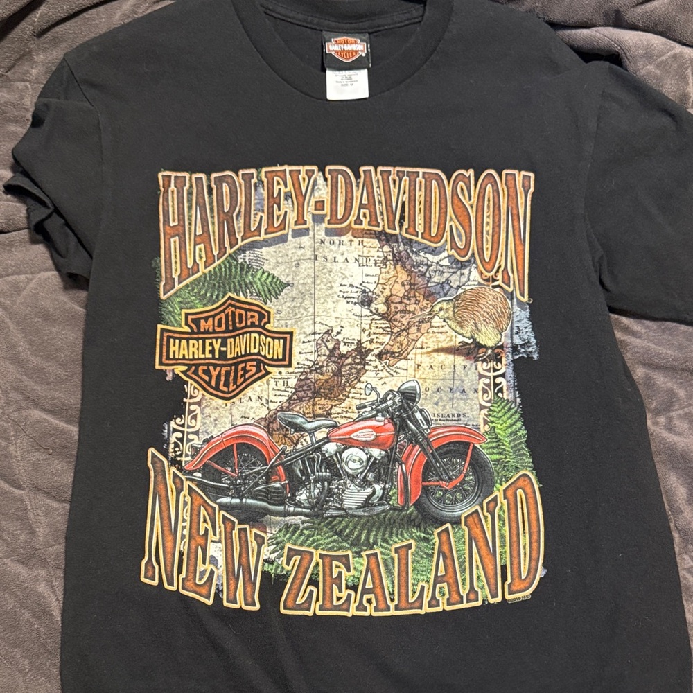 Harley-Davidson Black Tee with Red Motorcycle and Gold Lettering